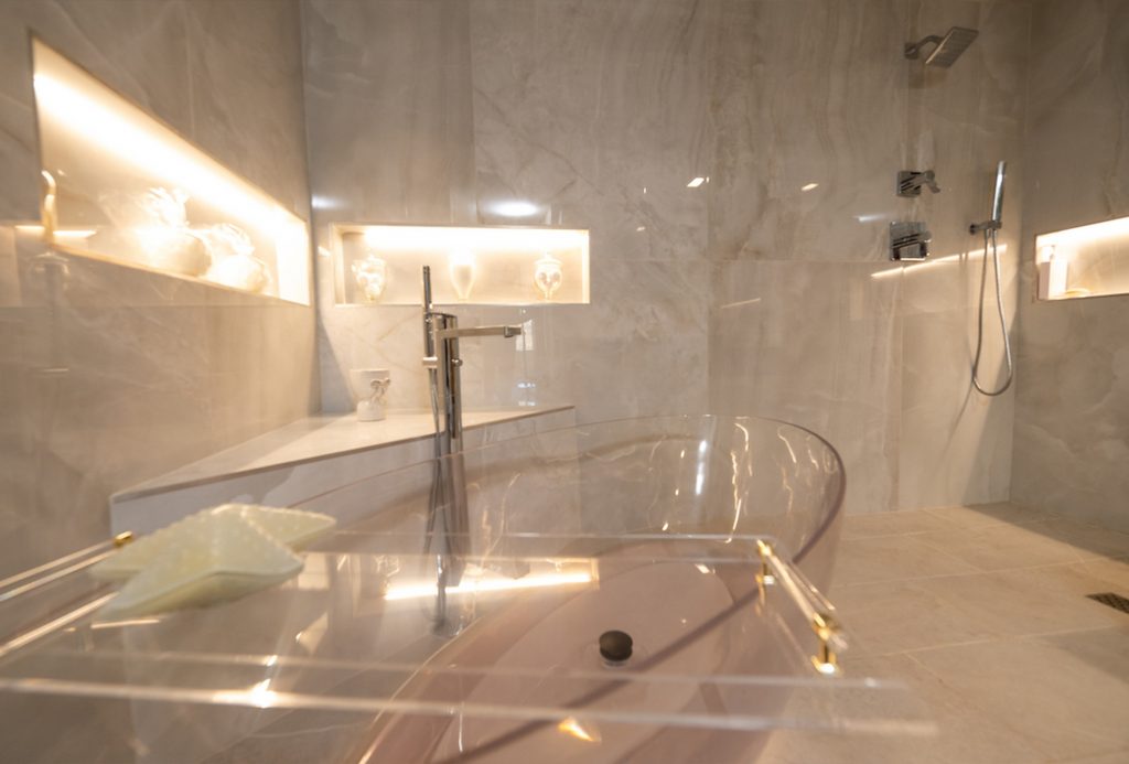 Luxury tiled walk-in shower in Goffstown custom home