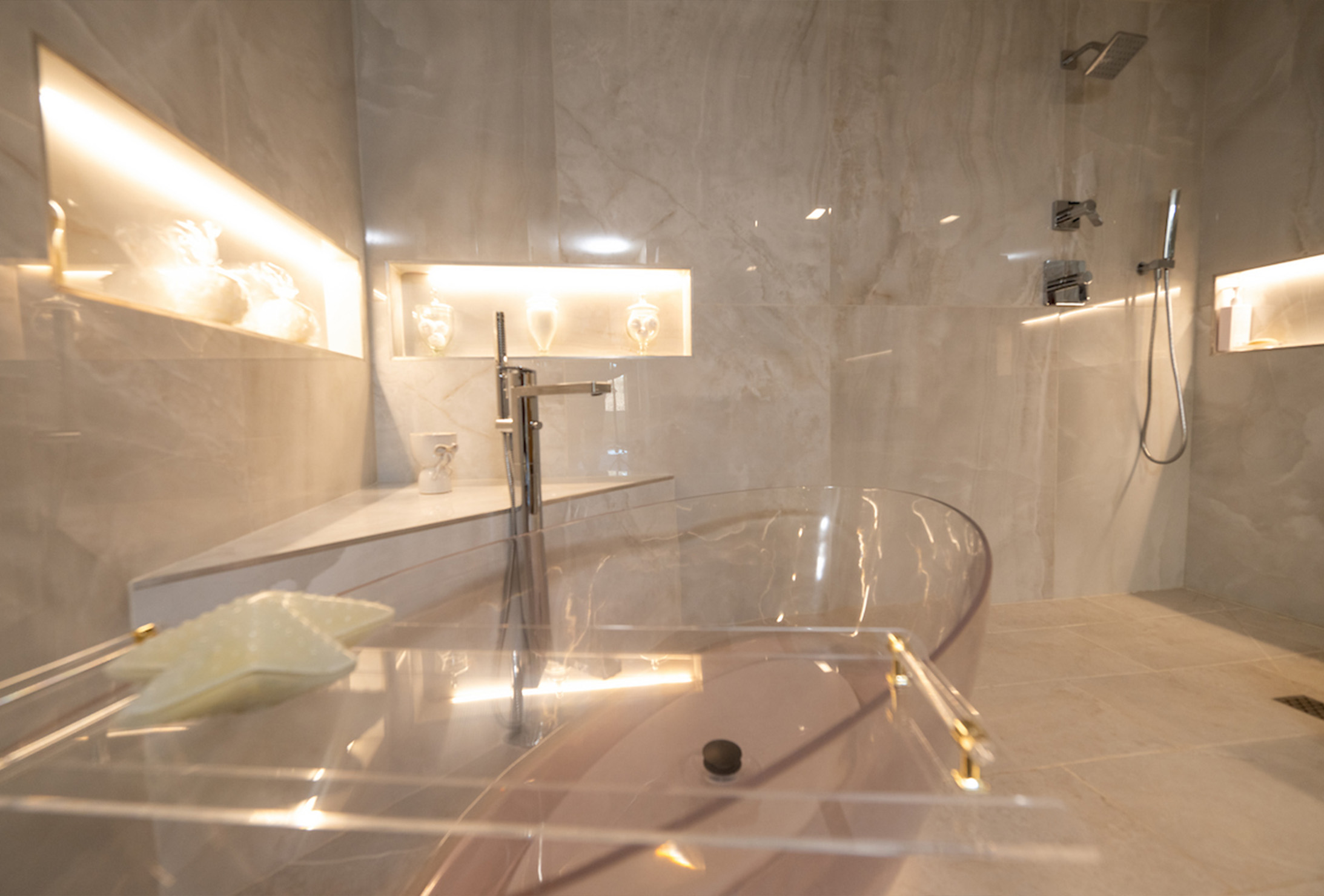 Luxury tiled walk-in shower in Goffstown custom home