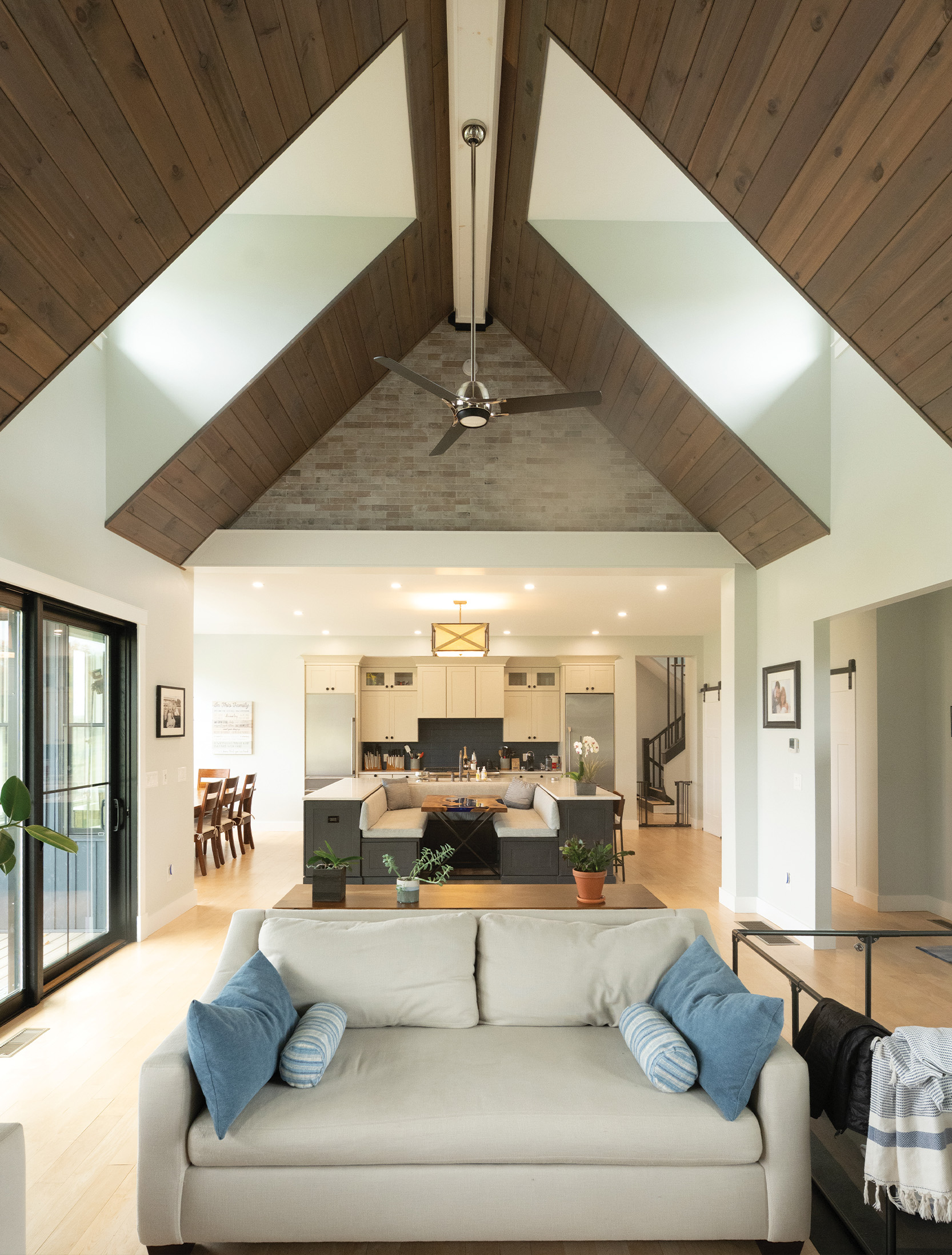 Vaulted ceiling detail with wood accents by Woodstone Homes in Dover NH